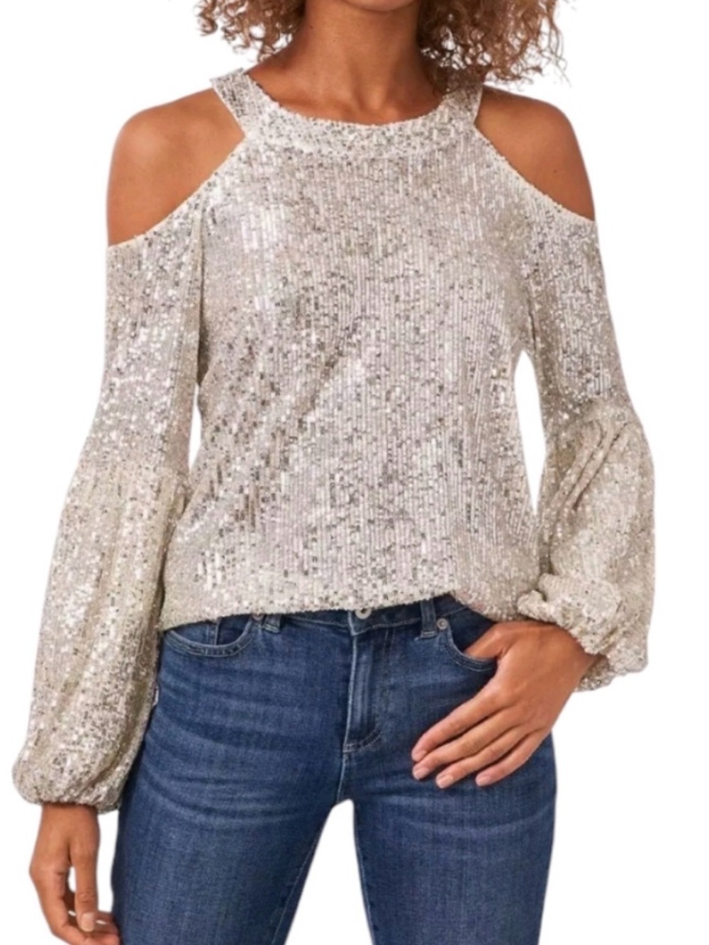 🆕 CECE Women's Sequined Long Sleeve Cold-Shoulder Blouse Champagne NWT Size M